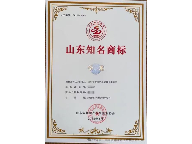 华龙水工金属旗下的“华龙牌”商标成功获评“山东知名商标